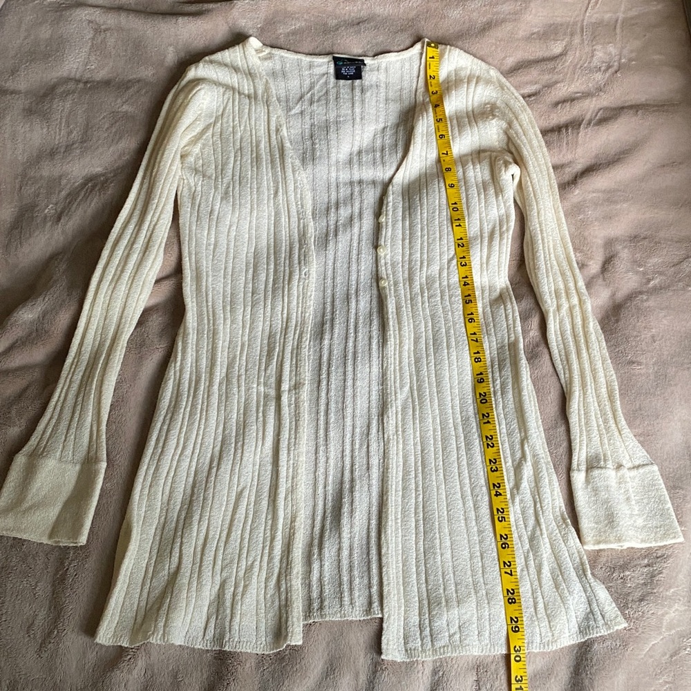 Creamy color Ribbed Open-Front Long Cardigan - Picture 2 of 5